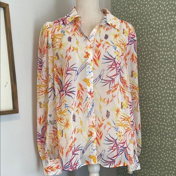 Modcloth Multicolor Be Buzzworthy Sheer Button Down Long Sleeve Blouse Size L - Picture 1 of 8